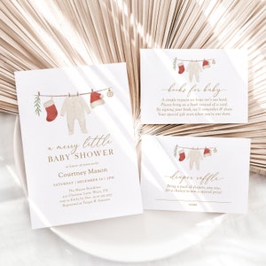 Winter-Babyparty-Einladungs-Set-Vorlage, bearbeitbare Weihnachtsferien-Babyparty-Bücher für Baby-Windel-Verlosungskarte Digitaler Download