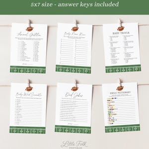 May include: Six white cards with football-themed baby shower games, including Animal Gestation, Baby Name Race, and Baby Trivia. Each card is decorated with a football and a green and white football field border. The text "5x7 size - answer keys included" is at the top.