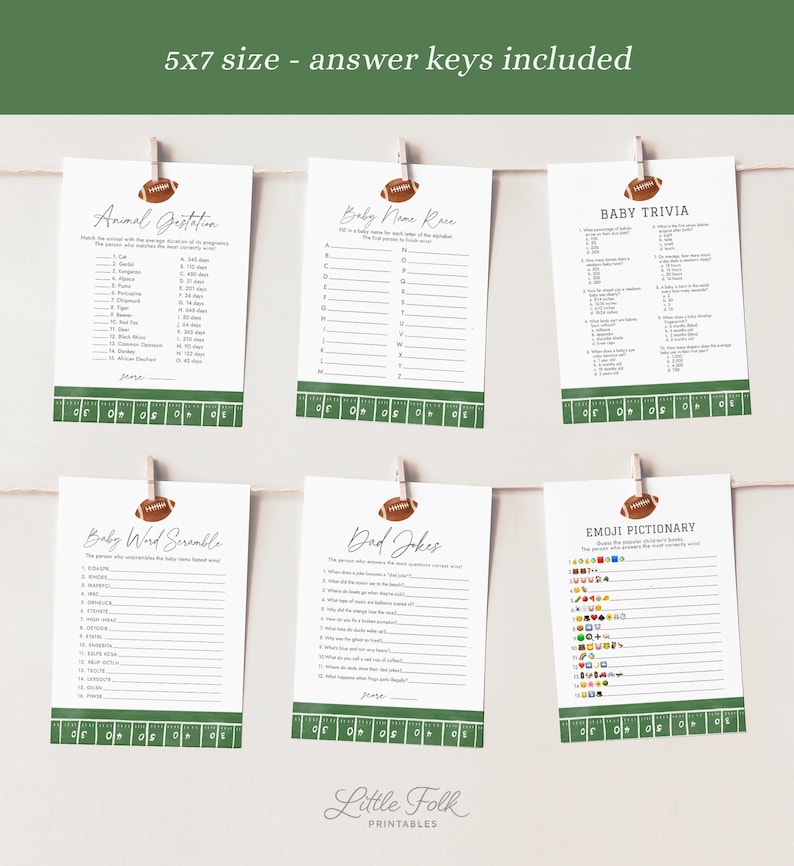 May include: Six white cards with football-themed baby shower games, including Animal Gestation, Baby Name Race, and Baby Trivia. Each card is decorated with a football and a green and white football field border. The text "5x7 size - answer keys included" is at the top.