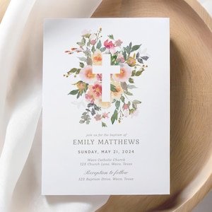 Pink Floral Baptism Invitation, Girl Baptism Invite, Printable Invitation Template, Baptism Christening 1st Communion, DIGITAL DOWNLOAD