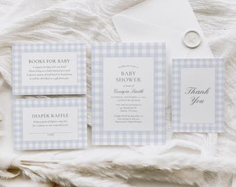 Blue Gingham Baby Shower Invitation Set, Editable Classic Gingham Boy Baby Shower Invite, Books for Baby Diaper Raffle Ticket Template