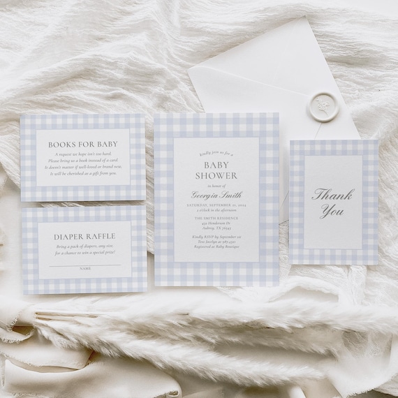 Blue Gingham Baby Shower Invitation Set, Editable Classic Gingham Boy Baby Shower Invite, Books for Baby Diaper Raffle Ticket Template