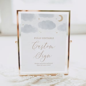 Over the Moon Baby Shower Editable Custom Sign, Watercolor Clouds Printable Sign Template, DIGITAL DOWNLOAD