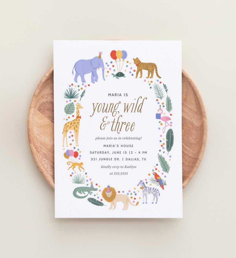 Editable Young Wild and Three 3rd Birthday Party Invitation, Jungle Safari Animals Birthday Party Invite Template, DIGITAL DOWNLOAD image 4