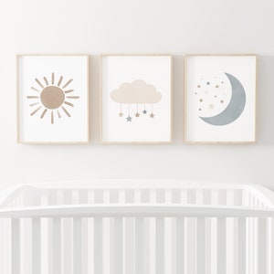 Neutral Cloud Moon and Sun Set of 3 Prints, Boy Nursery Decor, PRINTABLE Wall Art, Boho Kids Room Decor, DIGITAL DOWNLOAD