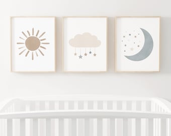 Neutral Cloud Moon and Sun Set of 3 Prints, Boy Nursery Decor, PRINTABLE Wall Art, Boho Kids Room Decor, DIGITAL DOWNLOAD