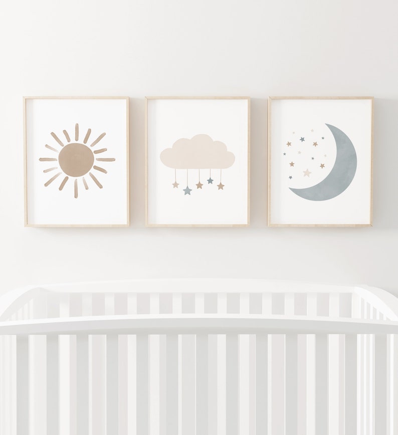 Neutral Cloud Moon and Sun Set of 3 Prints, Boy Nursery Decor, PRINTABLE Wall Art, Boho Kids Room Decor, DIGITAL DOWNLOAD image 1