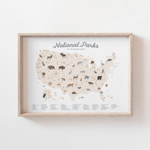 Puede incluir: Un mapa beige de los Estados Unidos con un marco marr&oacute;n claro. El mapa muestra las ubicaciones de todos los Parques Nacionales de los Estados Unidos. Cada parque est&aacute; marcado con un peque&ntilde;o icono de un animal nativo de ese parque. El t&iacute;tulo del mapa es "National Parks of the United States".
