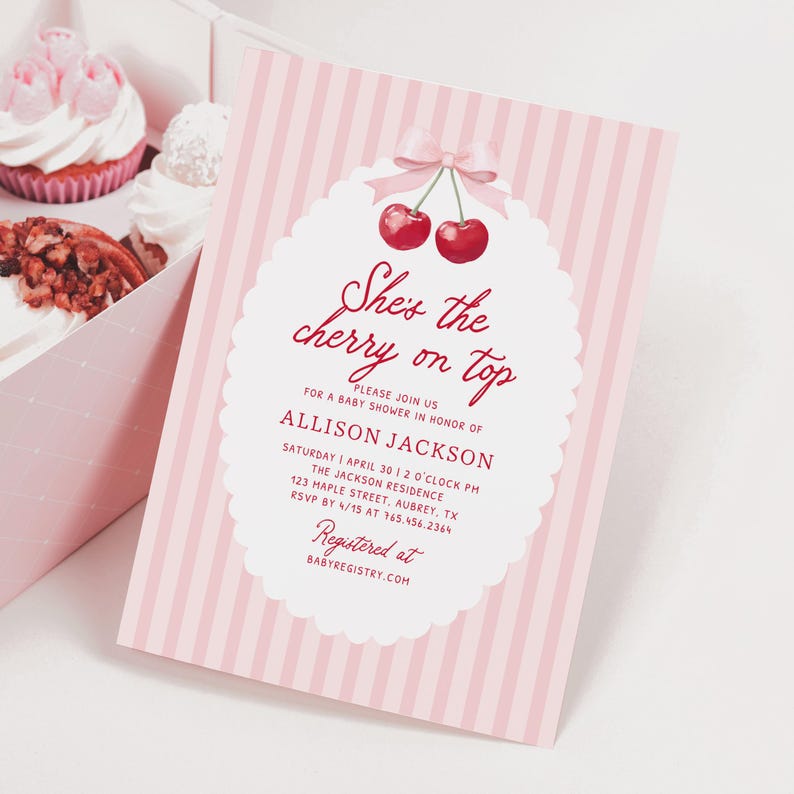 Cherry Baby Shower Invitation Template, Editable Pink Coquette Bow ...