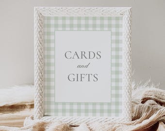 Sage Green Gingham Baby Shower Karten und Geschenke Schild, Vintage Gingham Baby Shower Karten und Geschenke Printable Schild, DIGITAL DOWNLOAD