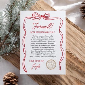 May include: A white Christmas card with a red border and text. The card reads "Farewell!" and includes a message to Jackson and Emily from their elf, Jingle. A North Pole post office stamp is also visible.