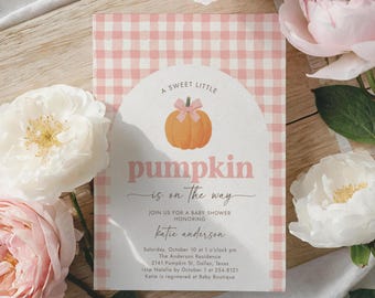 Pink Little Pumpkin Baby Shower Invitation Template, Pumpkin Coquette Bow Baby Shower Invite, Pink Gingham, DIGITAL DOWNLOAD