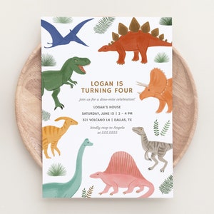 Dinosaur Birthday Invitation, Rainbow Dinosaur Kids Birthday Party Invite, Printable Invitation, Editable Template, T-Rex, Triceratops