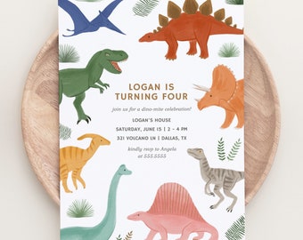 Dinosaur Birthday Invitation, Rainbow Dinosaur Kids Birthday Party Invite, Printable Invitation, Editable Template, T-Rex, Triceratops