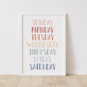 Regenbogen Tage der Woche Poster, druckbare Lernwandkunst, Regenbogen Kinderzimmer Dekor, Hausschule Klassenzimmer Dekor, DIGITALER DOWNLOAD