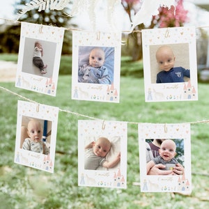 Modèle de bannière photo d'anniversaire de princesse modifiable, cartes d'étapes princesse imprimables, château de licorne florale, TÉLÉCHARGEMENT NUMÉRIQUE