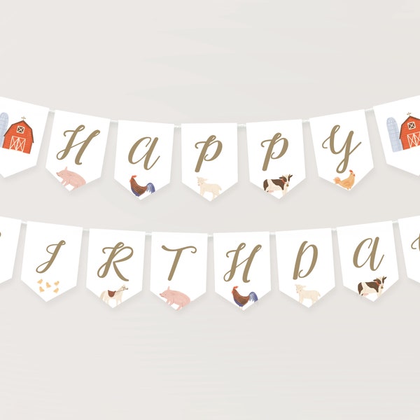 Printable Farm Happy Birthday Banner, Farm Animals Birthday Party Decorations, Barnyard Birthday Decor, DIGITAL DOWNLOAD