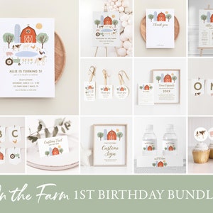 Farm 1st Birthday Invitation Bundle, Printable Farm Animals Kids Birthday Decorations, Editable Party Template, DIGITAL DOWNLOAD