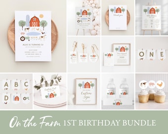 Farm 1st Birthday Invitation Bundle, Animali da fattoria stampabili Decorazioni di compleanno per bambini, Modello di festa modificabile, DOWNLOAD DIGITALE