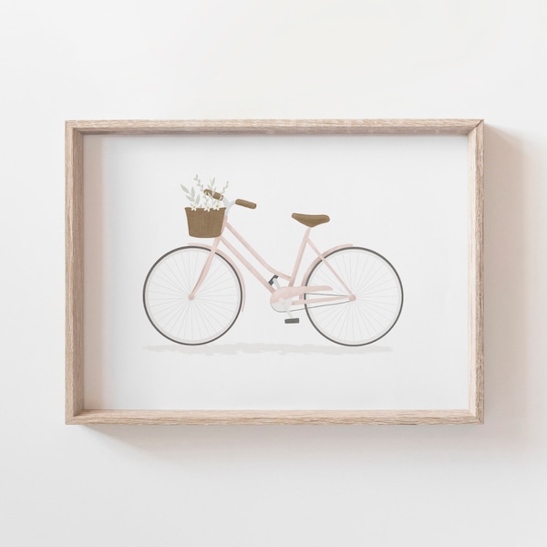 Pink Bike Print, Printable Bicycle Wall Art, Girl Nursery Decor, Kids Room Decor, Bike with Flower Basket, DIGITAL DOWNLOAD