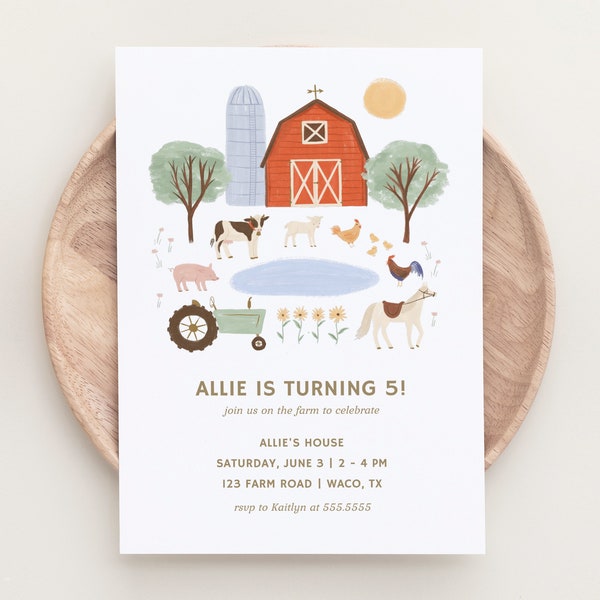 Farm Birthday Invitation,  Farm Animals Kids Birthday Party Invite, Printable Invitation, Editable Template