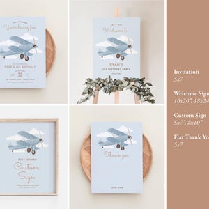 May include: A set of printable party decorations for a 1st birthday party with a blue airplane theme. The set includes an invitation, a welcome sign, a custom sign, and a flat thank you card. The designs feature a blue airplane with white clouds on a light blue background.