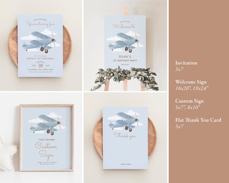 May include: A set of printable party decorations for a 1st birthday party with a blue airplane theme. The set includes an invitation, a welcome sign, a custom sign, and a flat thank you card. The designs feature a blue airplane with white clouds on a light blue background.