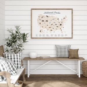Puede incluir: Un mapa enmarcado de los Estados Unidos con fondo beige y borde marr&oacute;n. El mapa muestra la ubicaci&oacute;n de todos los parques nacionales de los Estados Unidos. Cada parque est&aacute; marcado con un peque&ntilde;o icono que representa un animal nativo de ese parque. El mapa est&aacute; colgado en una pared blanca con paneles de madera blanca. Debajo del mapa hay un banco de madera con dos almohadas, un jarr&oacute;n de cer&aacute;mica blanco y una peque&ntilde;a caja de madera.