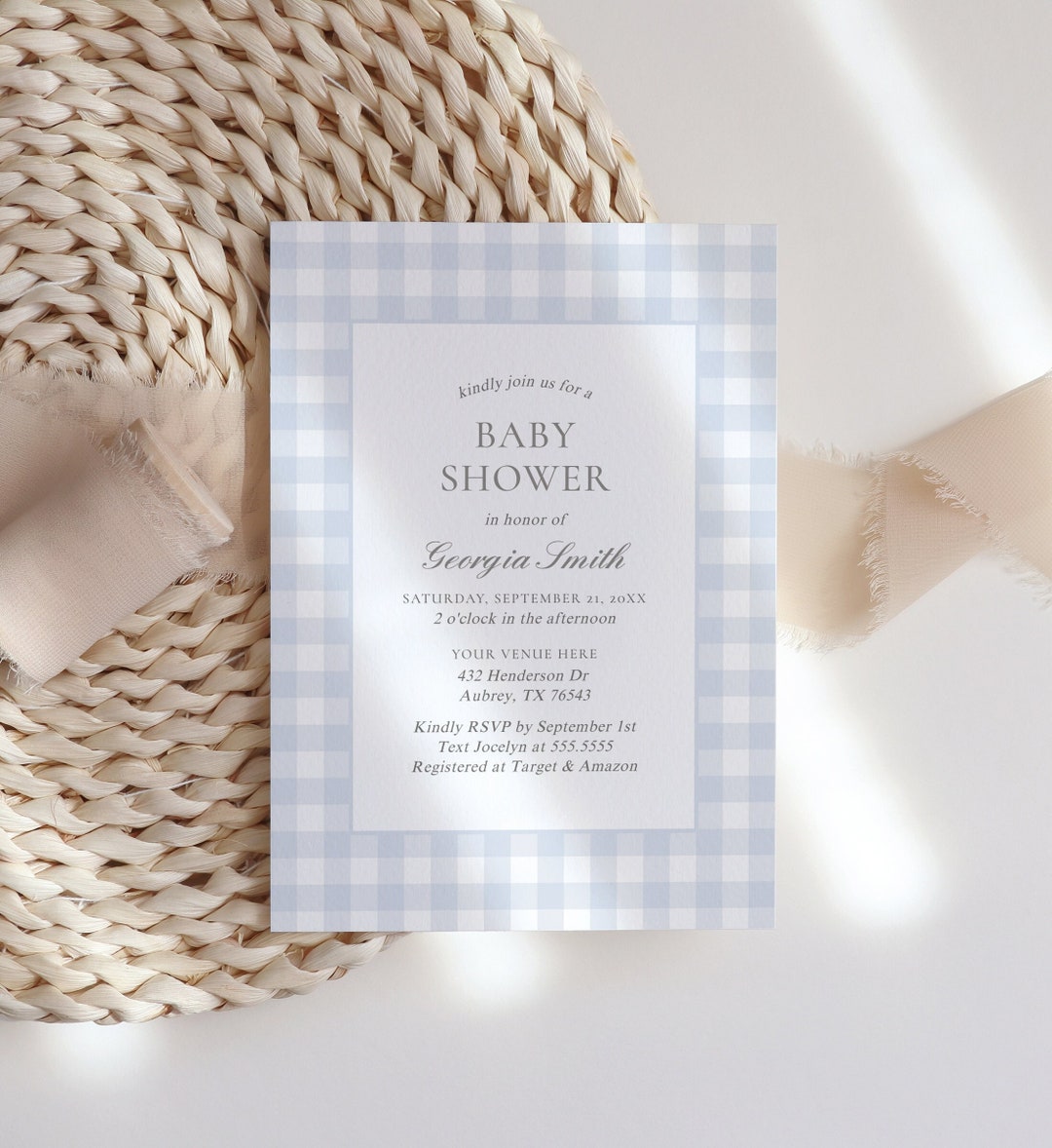 Blue Gingham Baby Shower Invitation, Editable Classic Gingham Boy Baby