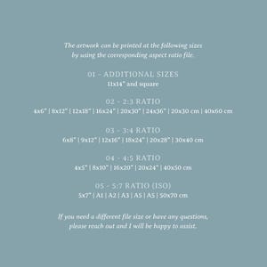 May include: A teal-colored graphic with white text detailing print sizes for artwork. Sizes include 11x14 inches, 4x6 inches, 8x12 inches, 12x18 inches, 16x24 inches, 20x30 inches, 24x36 inches, and more. The text also mentions aspect ratios and ISO sizes.