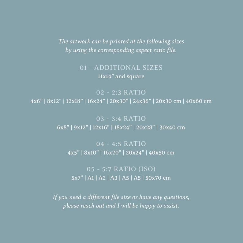 May include: A teal-colored graphic with white text detailing print sizes for artwork. Sizes include 11x14 inches, 4x6 inches, 8x12 inches, 12x18 inches, 16x24 inches, 20x30 inches, 24x36 inches, and more. The text also mentions aspect ratios and ISO sizes.