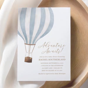 Invito per baby shower in mongolfiera blu, invito per baby shower per ragazzo, l'avventura attende, modello di invito stampabile, DOWNLOAD DIGITALE