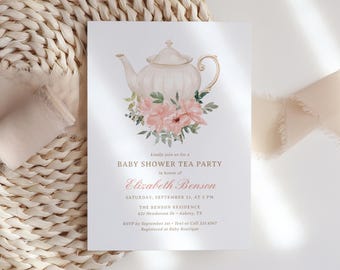 Tea Party Baby Shower Invitation Template, Editable Floral Baby is Brewing Girl Baby Shower Invite, DIGITAL DOWNLOAD