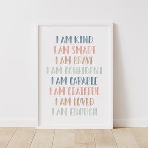 Pastel Affirmations Print for Kids, I am Kind Smart Loved, Inspirational Girl Nursery Decor, PRINTABLE Wall Art, DIGITAL DOWNLOAD