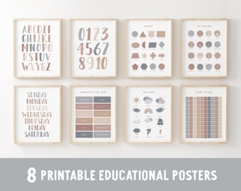 Neutral Educational Posters, Set of 8 Homeschool Prints, PRINTABLE Wall Art, Neutral Montessori Classroom Decor, DIGITAL DOWNLOAD