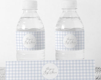 Etichette per bottiglie d'acqua per baby shower a quadretti blu modificabili, involucro per bottiglie d'acqua per baby shower classico stampabile a quadretti, DOWNLOAD DIGITALE