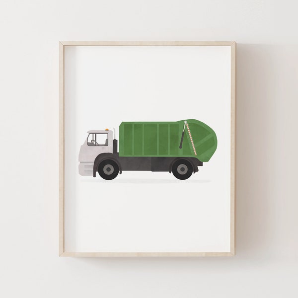 Garbage Truck Print, Green Trash Truck Poster, Boys Room Decor, PRINTABLE Construction Vehicle Wall Art, DIGITAL DOWNLOAD