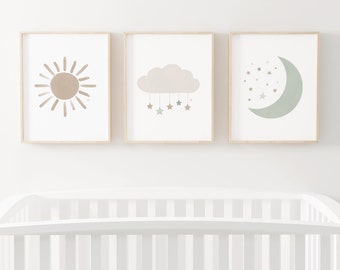 Gender Neutral Cloud Moon and Sun Set of 3 Prints, Boy Nursery Decor ...