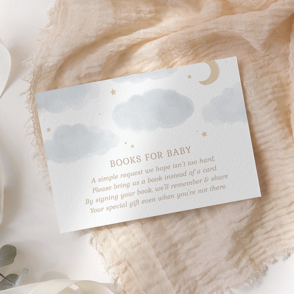 Moon and Stars Books for Baby Card Template, Watercolor Clouds Baby Shower Book Request Insert, Printable Template, DIGITAL DOWNLOAD
