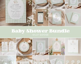 May include: A baby shower bundle with a "Silly Goose" theme. The set includes invitations, thank you cards, and other stationery items. The design features a light green gingham pattern and a cartoon goose illustration. The text includes "A little Silly Goose" and "Thank You".