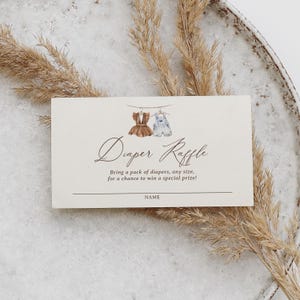 Boleto de rifa de pañales para baby shower con ropa de bebé estilo boho, plantilla de letrero de rifa de pañales para revelación de género en tendedero, DESCARGA DIGITAL