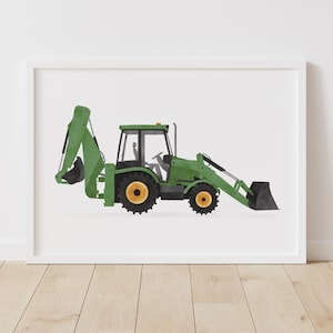 Green Backhoe Print, Boy Nursery Decor, PRINTABLE Construction Vehicle Wall Art, Construction Birthday Party, DIGITAL DOWNLOAD
