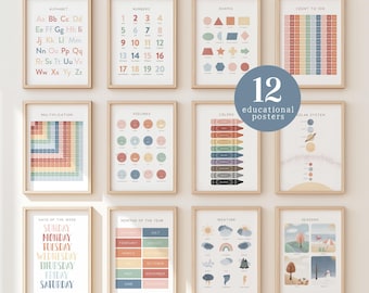 May include: Twelve framed educational posters with a light wood finish are displayed. The posters cover topics like the alphabet, numbers, shapes, multiplication, feelings, colors, the solar system, days of the week, months of the year, weather, and seasons. A blue circle reads "12 educational posters."