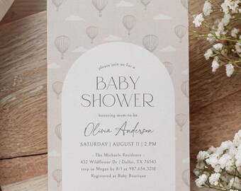 Neutral Hot Air Balloon Baby Shower Invitation, Gender Neutral Travel Baby Shower Invite, Printable Invitation Template, DIGITAL DOWNLOAD