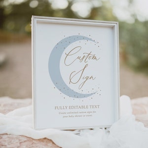 Editable Over the Moon Baby Shower Custom Sign, Printable Blue Moon and Stars Baby Shower Sign Template, DIGITAL DOWNLOAD