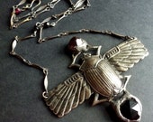 Khepri winged scarab necklace with garnet and onyx ancient egyptian mythology art deco ooak