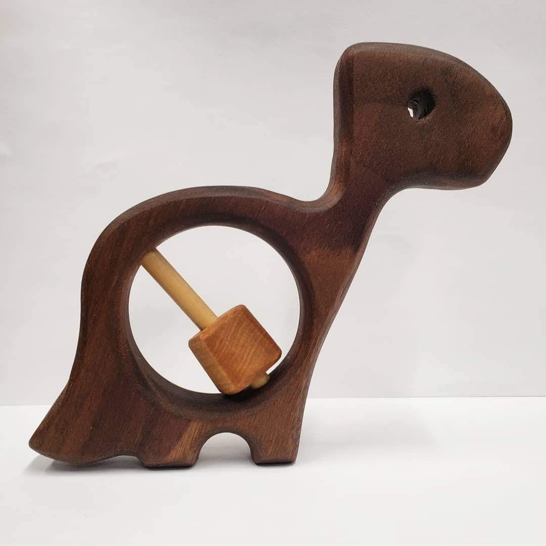 Wood Dinosaur Rattle, Natural Baby Toy, Handmade Wooden Newborn