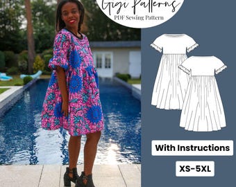 Mini Dress Pattern | Dress Patterns For Women | Smock Dress Pattern | Summer Dress Sewing Pattern | Gathered Smock Dress | Plus Size Pattern