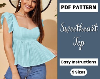 Gathered Smock Top Sewing Pattern | Trendy Sewing Pattern Top | Summer Tops Sewing Pattern | Sweetheart Top Sewing Pattern | Ruffle Sleeve