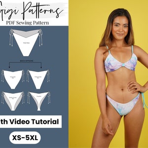 Könnte beinhalten: Ein digitales Schnittmuster für einen Bikini-Höschen mit verschiedenen Rückendeckungsoptionen. Das Schnittmuster beinhaltet ein Video-Tutorial und ist in den Größen XS-5XL erhältlich. Das Bild zeigt ein Model, das ein Bikini-Oberteil und -Höschen mit einem Batik-Druck trägt.